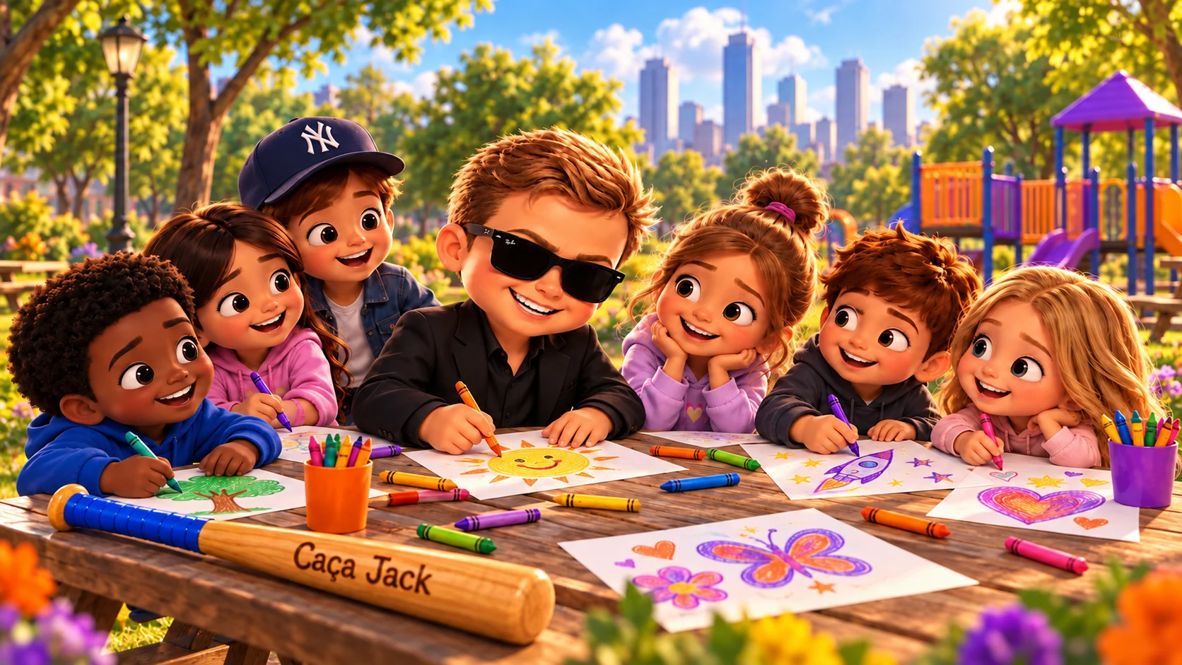 Ilustração do Caça Jack com crianças no parque.